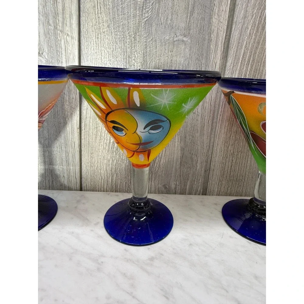 Set of 4 Hand Painted Mexican Martini Glasses Cozumel Cobalt Blue Rim 7in